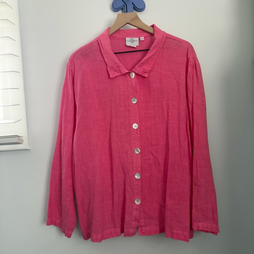Hot Cotton 2X Linen Hot Pink Long Sleeve Button Up Shirt Resort Vacation Relaxed